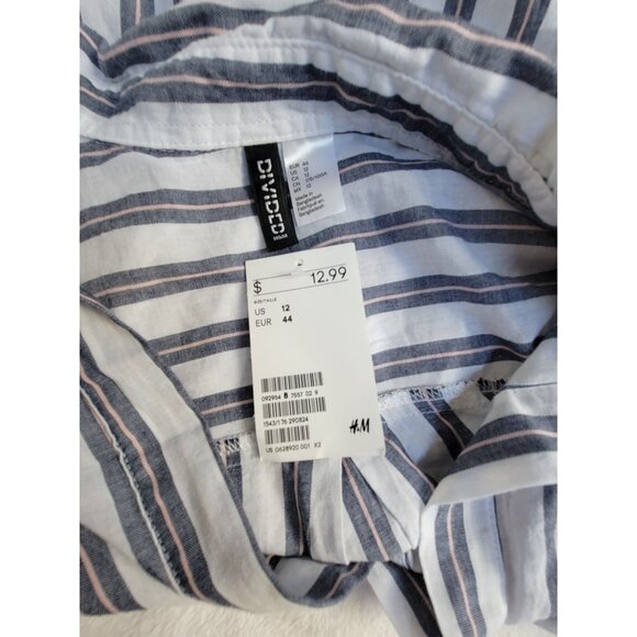 H&M Womens Striped Long-Sleeve V-Neck Popover Blouse US 12 White 100% Cotton New - Picture 3 of 7